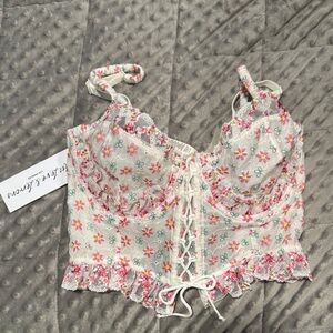 For Love And Lemons Pink and White Floral Lace Top